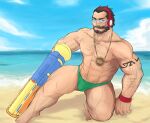  1boy abs absurdres bara beach bulge chest_hair facial_hair glensaru graves_(league_of_legends) green_male_swimwear headphones highres holding holding_water_gun large_pectorals league_of_legends looking_at_viewer male_focus male_swimwear mature_male muscular muscular_male mustache navel navel_hair nipples official_alternate_costume one_knee pectorals sand short_hair smile solo stomach sunglasses swim_briefs thick_thighs thighs topless_male unfinished water_gun 