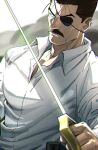  1boy black_hair blue_eyes eyepatch facial_hair fullmetal_alchemist holding holding_sword holding_weapon king_bradley looking_at_viewer male_focus mustache outdoors shirt short_hair sword tobo_katsuo upper_body weapon white_shirt 