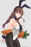  1girl animal_ears black_legwear braid breasts brown_hair carrot carrot_pillow collarbone covered_navel cowboy_shot detached_collar eyebrows_visible_through_hair fake_animal_ears green_eyes hair_between_eyes highres kantai_collection large_breasts leotard looking_at_viewer natsume_(natsume_melio) necktie noshiro_(kancolle) pantyhose playboy_bunny rabbit_ears simple_background solo strapless strapless_leotard twin_braids twitter_username white_background white_leotard wrist_cuffs 