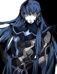  1boy androgynous bangs black_background blue_hair bodysuit eyelashes highres long_hair looking_at_viewer male_focus pertex_777 protagonist_(smtv) shin_megami_tensei shin_megami_tensei_v simple_background solo two-tone_background very_long_hair white_background yellow_eyes 