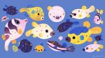  ._. animal animal_focus artist_name black_eyes blue_background blue_eyes closed_eyes closed_mouth fins fish no_humans open_mouth original pikaole puffer_fish simple_background smile spots tail_fin too_many watermark yellow_eyes 