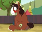  badumsquish blush brown_hair clothing cutie_mark equid equine facesitting friendship_is_magic generic_messy_hair_anime_anon green_eyes hair hasbro hat headgear headwear hi_res hooves horse human male male/male mammal motion_lines my_little_pony pony troubleshoes_(mlp) wide_eyed 
