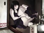  1girl ass autofootjob bare_shoulders black_hair blush censored cum cum_on_wall dress ejaculation erection feet footjob footwear full-package_futanari futanari goth gothic hime_cut huge_penis indoors long_hair masturbation no_panties penis sitting skirt socks solo 