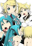  2girls aqua_hair artist_request bar_censor blonde_hair blue_eyes blush brother_and_sister censored cum fellatio hatsune_miku highres incest kagamine_len kagamine_rin multiple_fellatio multiple_girls oral siblings sisters teal_hair teamwork threesome twincest twins vocaloid 