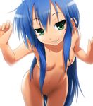  belly_button breasts green_eyes grin izumi_konata long_hair lucky_star mole naughty_face navel nilitsu nipples nude photoshop pussy small_breasts solo uncensored 