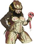  alien breasts cameltoe claws fangs fishnets guro medium_breasts monster_girl nezunezu predator predator_(movie) skull solo tears thong 