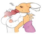  1girl arched_back breasts claws closed_eyes cum cum_in_mouth detached_sleeves digimon digimon_tamers disembodied_penis ejaculation fellatio furry hetero large_breasts large_penis nipples oral penis renamon sindoll snout sweat uncensored upper_body 