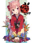  1girl 2019 :d absurdres animal_ears bangs blush braid brown_flower brown_hair chinese_zodiac commentary_request eyebrows_visible_through_hair fingernails floral_print flower hair_flower hair_ornament happy_new_year head_tilt highres japanese_clothes kanzarin_(hoochikiss) kimono long_sleeves looking_at_viewer new_year obi open_mouth original pig_ears pink_flower print_kimono red_eyes red_flower red_kimono sash seiza sitting smile solo white_flower wide_sleeves year_of_the_pig 