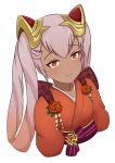  1girl dark_skin drill_hair fire_emblem fire_emblem_heroes flower hair_ornament highres japanese_clothes jehraldc kimono laevateinn_(fire_emblem_heroes) light_blush light_smile long_hair looking_at_viewer looking_up nintendo pink_hair quad_drills quad_tails red_eyes red_flower red_kimono red_rose rose shide solo 