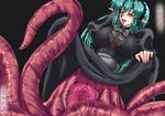  dress dress_lift dutch_angle green_eyes green_hair monster_girl naglfar_sakura open_mouth pointy_ears pussy see-through simple_background smile spread_pussy tentacle tentacle_girl translation_request uncensored 