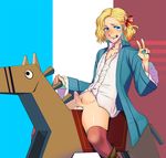  axis_powers_hetalia blonde_hair bottomless censored cum france_(hetalia) hair_ribbon male_focus penis pointless_censoring red_legwear ribbon riko_(k_riko) smile solo tears testicles thighhighs v wooden_horse 