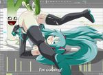  anal aqua_eyes aqua_hair arched_back arm_support blush cap cum double_penetration fucked_silly hatsune_miku long_hair no_panties orgasm rolleyes spring_onion thighhighs top_down_bottom_up twintails uncensored vaginal vocaloid zone 