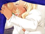  1boy 1girl ballcaress blonde_hair blush breasts caressing_testicles cheating cum cum_in_mouth fellatio game_cg green_eyes green_ribbon huge_breasts jewelry long_hair married nitta_cocoa oral penis pururun_cafe ribbon ring sumeragi_kohaku tan uncensored wedding_ring wife 