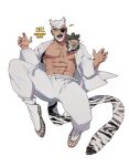  1boy abs bara beard character_request commentary_request copyright_request eyepatch facial_hair highres large_pectorals male_focus mature_male muscular muscular_male n01r31 one_eye_covered open_clothes open_mouth open_shirt pants pectorals shirt smile solo white_hair white_pants white_shirt 