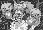  1girl animal_ear_fluff animal_ears animal_hands apron bangs bell bow breasts cat_paws claws collar commentary_request crazy_eyes eyebrows_visible_through_hair fate/grand_order fate_(series) fox_ears fox_girl fox_tail frills glowing glowing_eyes greyscale hair_between_eyes hair_bow halloween holding jingle_bell kusama_takato long_hair looking_at_viewer maid_apron maid_headdress monochrome neck_bell paw_print ponytail pumpkin short_sleeves sidelocks solo tail tamamo_(fate) tamamo_cat_(fate) 