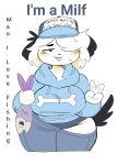  anthro big_breasts black_tail bottomwear breasts canid canine canis clothed clothing digital_media_(artwork) domestic_dog english_text female fish floppy_ears gesture hair half-closed_eyes happy hat headgear headwear hi_res mammal marine meme narrowed_eyes open_mouth panties pants puppychan puppychan48 purple_body purple_eyes raised_tail smile solo text thick_thighs tuft underwear v_sign white_body white_hair wide_hips 