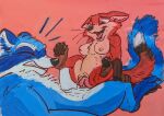  anthro blue_body blue_fur canid canine duo eyes_closed female fox fur genitals hi_res knot knotting male male/female mammal nude penetration procyonid pussy raccoon sex simple_background stretching sushiotter_(artist) vaginal vaginal_penetration waffles_the_raccoon 