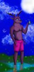  anom_hirsch antlers arthropod beetle bottomwear brown_body brown_fur cervid cervine clothed clothing elateroid eyewear firefly fur glasses hi_res horn insect jhongorria male mammal moon night pink_bottomwear pink_clothing pink_shorts red_deer shorts solo topless topless_male 