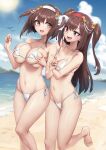  2girls :d bare_legs barefoot beach bikini blurry blurry_background breast_grab breasts brown_eyes brown_hair day deep_skin depth_of_field detexted fang grabbing grabbing_from_behind groin hair_ornament hairband halterneck highres large_breasts long_hair medium_breasts micro_bikini multiple_girls oopartz_yang shiny shiny_skin short_hair side-tie_bikini sidelocks smile standing standing_on_one_leg strap_gap string_bikini sun swimsuit thighs third-party_edit two_side_up very_long_hair wet white_bikini yellow_eyes you_can_eat_the_girl 