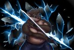  anthro belly biceps blue_eyes canid canine canis domestic_dog eyebrows guadr hi_res katana lifewonders male mammal melee_weapon moritaka musclegut muscular_arms navel pecs scar shirtless shirtless_male slashing slightly_chubby solo sword thick_eyebrows tokyo_afterschool_summoners video_games weapon 