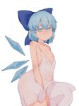  1girl alternate_costume bare_shoulders blue_bow blue_eyes blue_hair bow bright_pupils choker cirno cowboy_shot doro_au flat_chest hair_bow highres ice ice_wings looking_at_viewer simple_background smile solo touhou white_background wings 