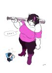  ambiguous_gender anthro baseball_(disambiguation) baseball_bat bat_(object) belly big_breasts black_hair boots breasts catti_(deltarune) clothed clothing deep_navel deltarune dialogue domestic_cat duo eyeless felid feline felis female footwear fur hair hi_res high-angle_view high_heeled_boots high_heels highlights_(coloring) holding_bat huge_breasts humanoid japanese_text kannoie lancer_(deltarune) looking_at_another mammal navel navel_outline off_shoulder open_mouth open_smile overweight overweight_anthro overweight_female pink_highlights shirt short_hair simple_background smile speech_bubble standing text thick_thighs three-quarter_view tight_clothing tight_shirt tight_topwear topwear undertale_(series) video_games whiskers white_body white_fur wide_hips yellow_sclera 