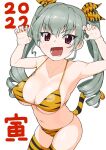  1girl 2022 alternate_costume anchovy_(girls_und_panzer) animal_print bangs bikini breasts chinese_zodiac claw_pose cleavage commentary cowboy_shot drill_hair eyebrows_visible_through_hair fake_tail girls_und_panzer green_hair hair_ribbon halterneck kanji long_hair looking_at_viewer medium_breasts momozono new_year open_mouth orange_bikini orange_legwear orange_ribbon print_bikini print_legwear print_ribbon red_eyes ribbon simple_background smile solo standing string_bikini swimsuit tail thighhighs tiger_print tiger_tail translated twin_drills twintails white_background year_of_the_tiger 