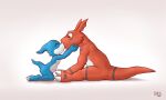  anthro bandai_namco biped blue_body blue_scales blue_skin blue_tail claws digimon digimon_(species) duo ears_up eyes_closed guilmon happy hi_res holding_head iztli kissing kneeling male male/male multicolored_body multicolored_scales multicolored_skin red_body red_scales red_skin red_tail scales scalie semi-anthro sharp_claws simple_background sitting surprise surprised_expression thick_tail two_tone_body two_tone_scales two_tone_skin veemon white_background yellow_eyes 