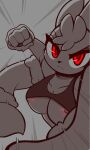  2021 anthro areola areola_slip breasts butt clothing female fighting_pose fist frown genitals hi_res long_ears looking_at_viewer medium_breasts mega_evolution mega_lopunny monochrome motion_lines nintendo nipple_slip pinkcappachino pok&eacute;mon pok&eacute;mon_(species) pose pussy red_eyes shaded simple_background solo under_boob video_games 