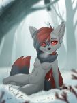  akame_(foxyakurei) anthro breasts canid canine chest_tuft digital_media_(artwork) female forest fox fur genitals grey_body grey_fur hi_res mammal mcttyan navel nude outside plant pussy red_eyes red_sclera shaded sitting solo tree tuft 