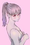  1girl bare_shoulders blush breasts brown_hair cleavage closed_mouth eyelashes glasses highres light_brown_hair looking_at_viewer original peco_(pockleberry) pink_background pink_theme ponytail red-framed_eyewear red_eyes simple_background smile upper_body 