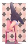  1girl argyle argyle_background arm_up bare_legs barefoot black_shirt blonde_hair chair colored_inner_hair commentary_request full_body highres makaino_ririmu multicolored_hair nijisanji no_pants panties pink_hair pointy_ears sabamen shirt short_hair sleeves_past_wrists solo tiptoes two-tone_hair underwear virtual_youtuber white_panties 