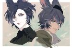  2boys animal_ears bangs black_cape black_shirt border bunny cape character_request closed_mouth copyright_name cropped_torso final_fantasy final_fantasy_xiv from_side fur_trim green_eyes grey_eyes grey_hair hair_between_eyes hair_over_one_eye koujisako long_bangs looking_at_viewer male_focus multiple_boys outside_border parted_bangs parted_lips portrait rabbit_boy rabbit_ears shirt short_hair simple_background swept_bangs text_focus tongue tongue_out translation_request white_border 
