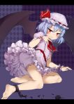  1girl absurdres barefoot bat_wings bloomers blue_hair blush chain commentary_request cuffs dress fang feet hat highres letterboxed looking_at_viewer mob_cap pg_(pege544) pink_dress purple_background red_eyes remilia_scarlet shackles sitting smile soles solo toes touhou underwear wings wrist_cuffs yokozuwari 