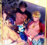  2boys artist_name bare_pectorals blonde_hair brown_hair cat dark-skinned_male dark_skin earrings fate/grand_order fate_(series) gilgamesh_(fate) jewelry male_focus multiple_boys navel necklace open_clothes ozymandias_(fate) pectorals petting red_eyes sakura_hitsuji short_hair sitting smile toned toned_male yaoi yellow_eyes 