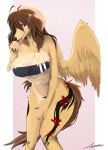  2022 5_fingers antenna_hair anthro big_breasts blush breasts brown_body brown_fur brown_hair brown_nose canid canine canis claws clothing domestic_dog eyelashes fangs female finger_claws fingers floppy_ears fluffy fur gris_swimsuit hair hi_res kemono long_hair looking_at_viewer mammal markings meme meme_clothing multicolored_body multicolored_fur one-piece_swimsuit pawpads portrait red_eyes sakuraxcheetah signature snout solo swimwear tan_body tan_fur tattoo teeth three-quarter_portrait tongue tongue_out translucent translucent_clothing under_boob white_body white_fur wings 