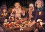  4boys abs bangs bara eating hair_between_eyes large_pectorals long_hair male_focus mature_male meal multiple_boys muscular muscular_male navel nipples original pectorals shidatsu_takayuki smile stomach topless topless_male 