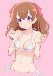  1girl bikini breasts brown_hair closed_mouth collarbone commentary_request copyright_request eyebrows_visible_through_hair highres kazuma_muramasa looking_at_viewer medium_breasts navel pink_background purple_eyes red_ribbon ribbon short_hair side-tie_bikini smile solo stomach swimsuit white_bikini 
