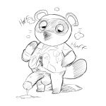  absurd_res animal_crossing anthro balls big_balls big_penis bodily_fluids canid canine clothing cum cum_drip dripping genital_fluids genitals hi_res male mammal monochrome nintendo penis presenting presenting_penis raccoon_dog shirt simple_background sketch solo tanuki text tired tom_nook_(animal_crossing) topwear video_games 