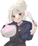  1girl absurdres apron black_apron blue_hoodie blush bowl hair_behind_ear highres holding holding_bowl hood hoodie ilikeaoiro jett_(valorant) licking_lips looking_to_the_side ponytail smile solo tongue tongue_out upper_body valorant white_background white_hair 