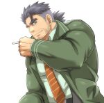  1boy bara beard black_hair cigarette copyright_request facial_hair jacket male_focus mature_male muscular muscular_male necktie ponytail smoking solo sunfight0201 