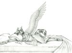  anthro baron_engel bed bed_sheet bedding bedroom_eyes big_breasts breasts clothing cutie_mark egyptian_clothing egyptian_headdress equid equine female friendship_is_magic furniture graphite_(artwork) hand_on_leg hand_on_thigh hasbro looking_at_viewer lying mammal my_little_pony narrowed_eyes navel on_side pegasus pencil_(artwork) pillow seductive simple_background solo somnambula_(mlp) spread_wings traditional_media_(artwork) translucent translucent_clothing white_background wings 