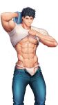  1boy abs armpits bara black_hair fundoshi highres japanese_clothes male_focus mature_male meishou_(cantabile1222) muscular muscular_male nipples original pectorals red_eyes solo sweat towel wet wet_clothes 