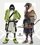  1boy 1other alternate_costume ambiguous_gender apex_legends black_gloves black_headwear black_pants bloodhound_(apex_legends) boots bow_(weapon) brown_footwear fingerless_gloves fur_trim gloves goggles green_footwear green_jacket gun handgun highres holding holding_bow_(weapon) holding_gun holding_weapon hood hood_up jacket jiro_(regoied) looking_down mask mouth_mask navel octane_(apex_legends) pants rebreather revolver shirt weapon white_shirt 