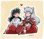  1boy 2girls animal_ears bow closed_eyes dog_ears family fang_necklace father_and_daughter hair_bow han&#039;you_no_yashahime higurashi_kagome husband_and_wife inuyasha inuyasha_(character) japanese_clothes jewelry kimono lap_pillow long_hair moroha mother_and_daughter multiple_girls necklace rica_diaz silver_hair sitting sleeping smile very_long_hair 