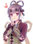  1girl armor breasts closed_mouth fingerless_gloves gensou_suikoden gensou_suikoden_v gloves hair_rings headband looking_at_viewer miakis_(gensou_suikoden) purple_eyes purple_hair sakai_(motomei) short_hair simple_background smile solo white_background 
