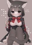  115meg 2021 4_fingers anthro black_clothing black_dress blush breasts cleavage clothed clothing domestic_cat dress felid feline felis fingers fully_clothed fur grey_background grey_eyes grey_hair hair hi_res kemono legwear mammal medium_breasts red_bow simple_background sitting solo thigh_highs whiskers white_body white_fur 