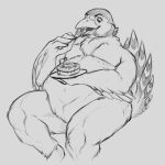  1:1 2021 5_fingers anthro avian beak belly big_belly biped bird cake common_pheasant dessert eating eyebrows faisan_(foxcall) feathered_wings feathers fingers food front_view galliform graphite_(artwork) grey_background greyscale holding_cake holding_food holding_object holding_plate male monochrome nude obese obese_anthro obese_male open_beak open_mouth overweight overweight_anthro overweight_male pencil_(artwork) phasianid phasianus simple_background sketch solo stuffing tail_feathers thick_thighs tongue traditional_media_(artwork) weight_gain wide_hips winged_arms wings yaroul 
