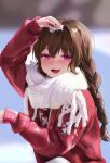  1girl :3 :d arm_up blurry blurry_background braid braided_ponytail brown_hair fang heart heart-shaped_pupils highres llttyyyuu long_hair looking_at_viewer original outdoors pink_eyes scarf sleeves_past_wrists smile solo sweater symbol-shaped_pupils upper_body 