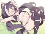  1girl animal_ear_fluff animal_ears arms_behind_head arms_up black_bra black_hair black_legwear black_panties blade_(galaxist) bra breasts cat_ears cat_girl cat_tail commentary_request fang feet_out_of_frame green_eyes karyl_(princess_connect!) knees_together_feet_apart long_hair looking_at_viewer low_twintails navel open_mouth panties princess_connect! small_breasts solo tail tape_measure tears thighhighs twintails underwear underwear_only very_long_hair 